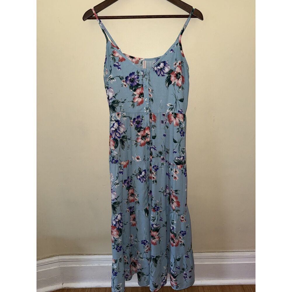 Xhilaration Blue Floral Tiered Maxi Dress M Button Front Tie Back Boho Cottage